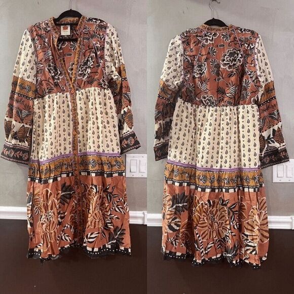 Farm Rio Beige Ainika Floral V Neck Midi Dress Medium NEW - Picture 7 of 7